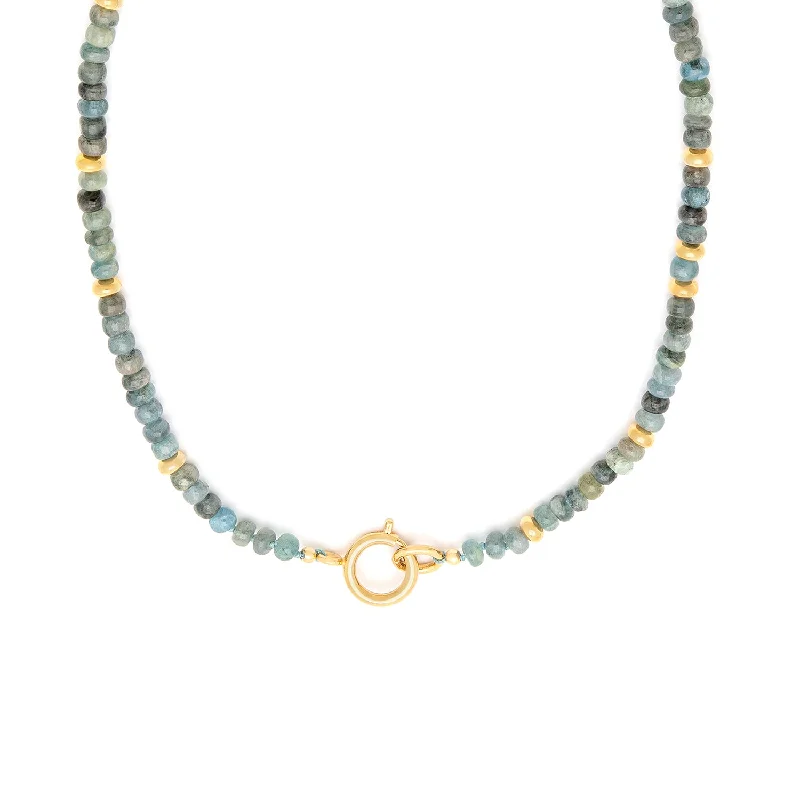 Beaded Gold Pendant Necklace-Gemstone Necklace | Smooth Moss Aquamarine