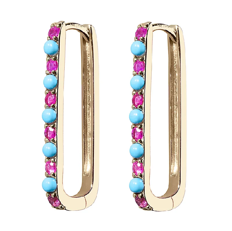 Boho Earrings for Summer-Turquoise & Pink Sapphire Large Paperclip Hoop Earring