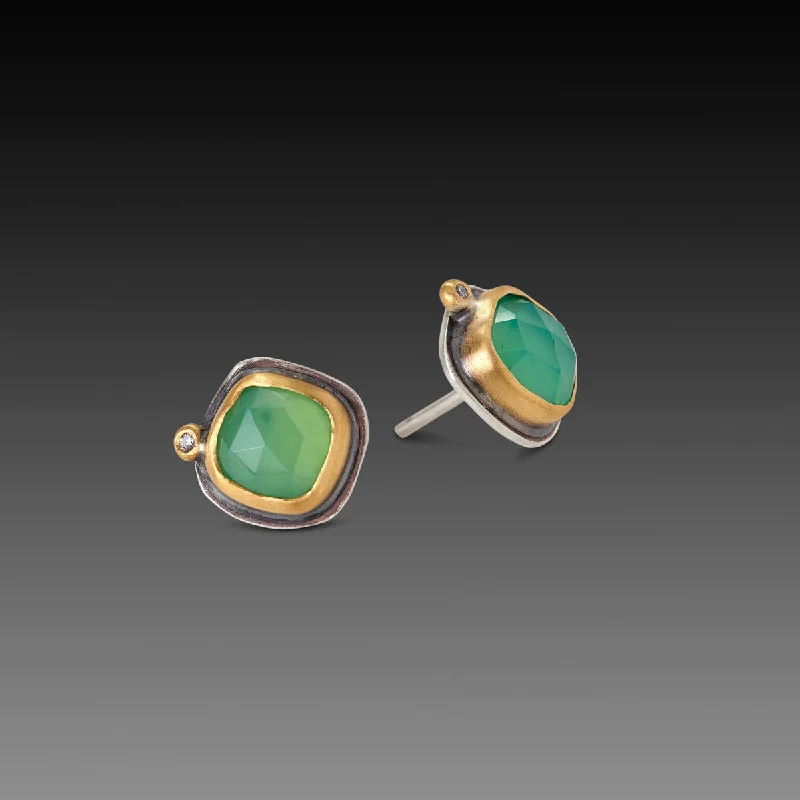 Tropical Earrings for Summer-Square Chrysoprase Stud Earrings