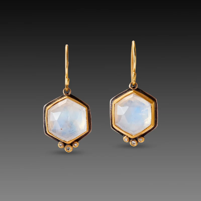 Large Drop Earrings-Hexagon Moonstone Earrings with Diamond Trios