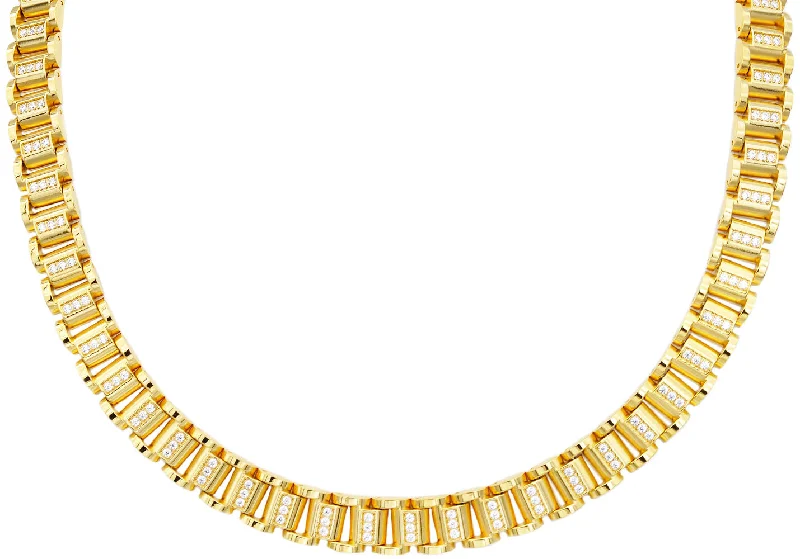 Fashion Gemstone Necklace-Mens Gold Stainless Steel Link Necklace With Cubic Zirconia