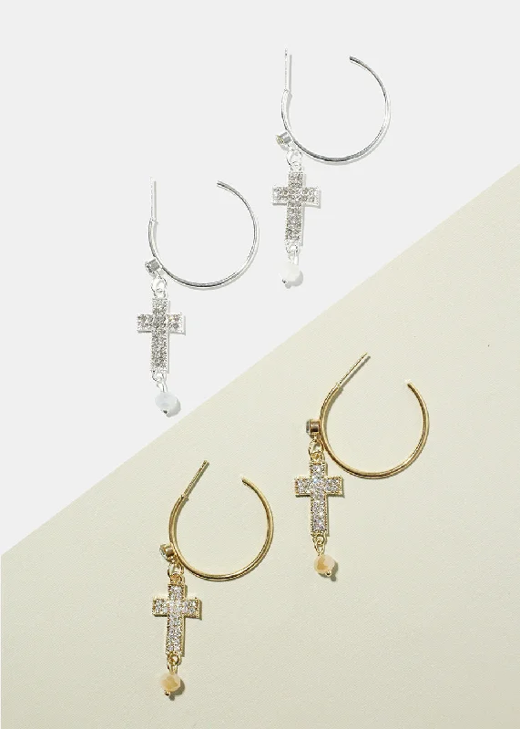 Fancy Earrings for Weddings-Rhinestone Cross Dangle Earrings