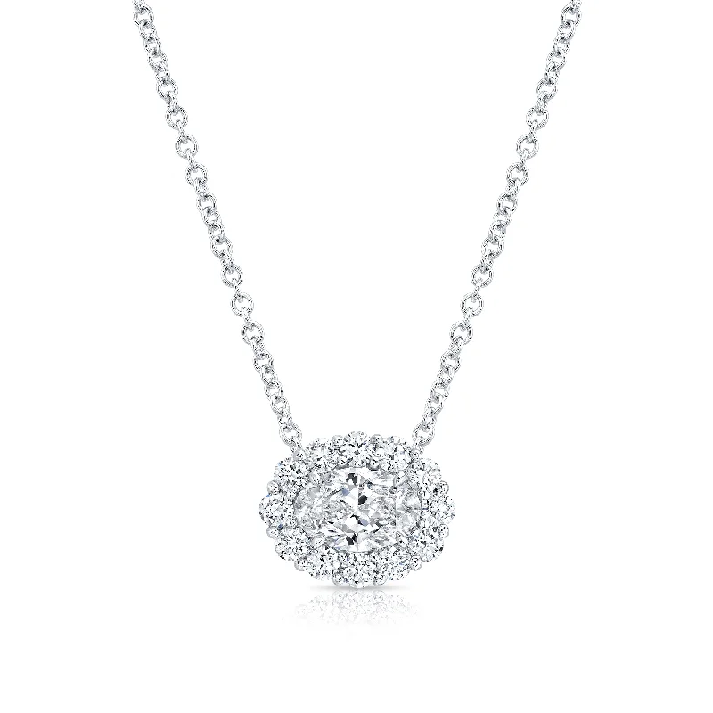 Long Silver Chain Necklace-Oval-Cut Diamond Pendant