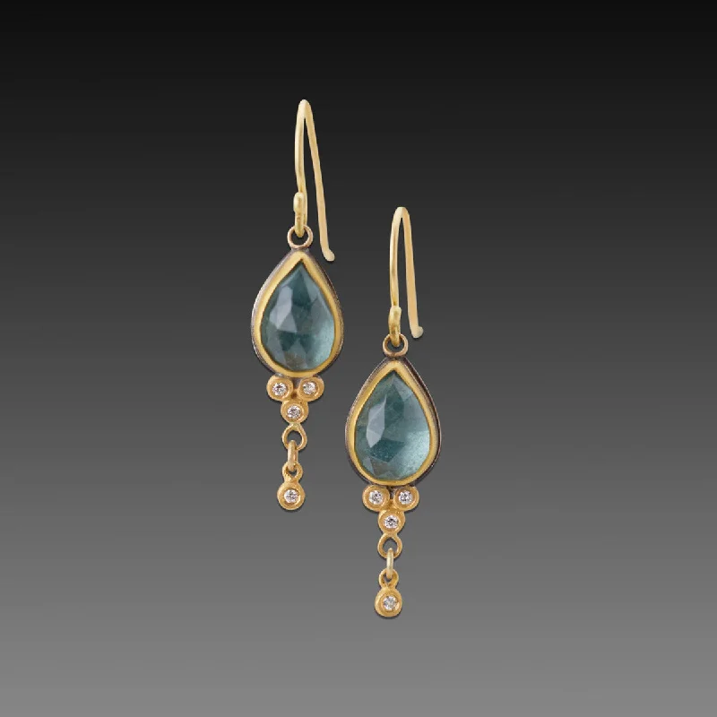 Long Diamond Earrings-Moss Aquamarine Earrings with Diamonds