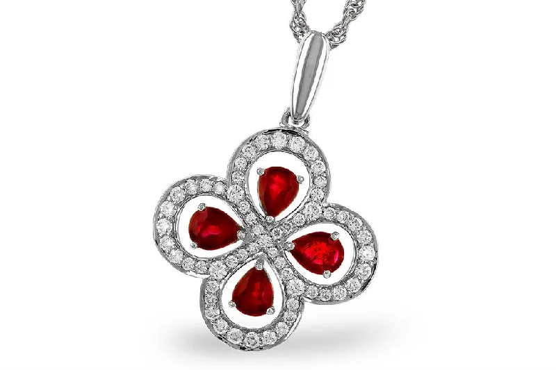 Moonstone Necklace-14K White Gold 0.96ctw Ruby & Diamond Clover Necklace by Allison Kaufman