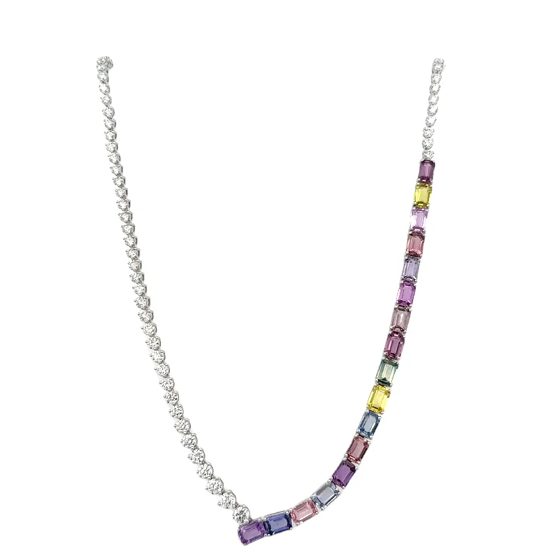 Gold Bead Pendant Necklace-Multicolored Sapphire and Diamond Necklace in 18k White Gold