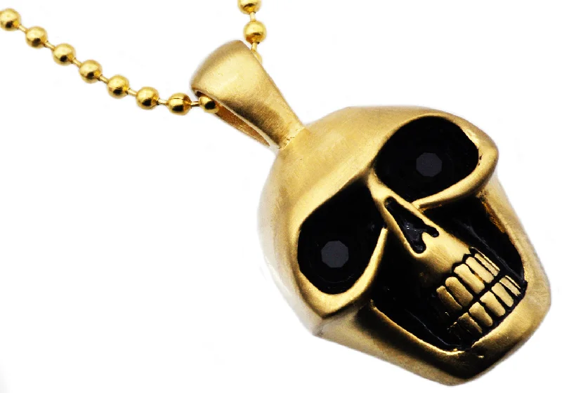 Classic Chain Necklace-Mens Matte Finish Gold Stainless Steel Skull Pendant Necklace With Black Cubic Zirconia Eyes