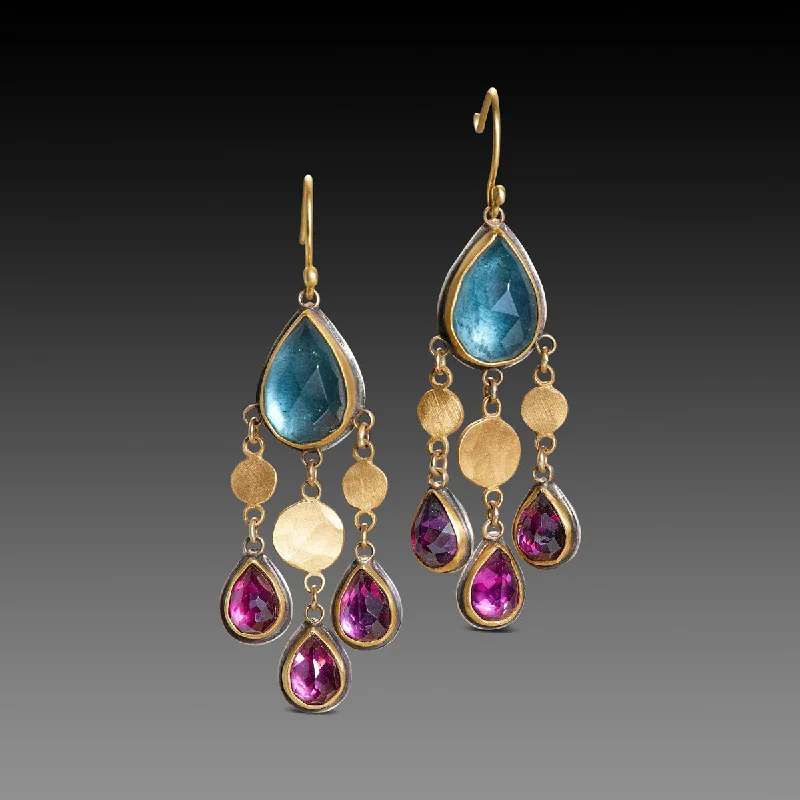 Simple Crystal Earrings-Moss Aquamarine and Rhodolite Garnet Chandelier Earrings