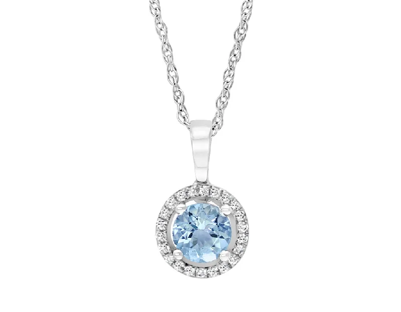 Natural Crystal Necklace-14K White Gold 0.52ctw Round Aquamarine & Diamond Halo Necklace