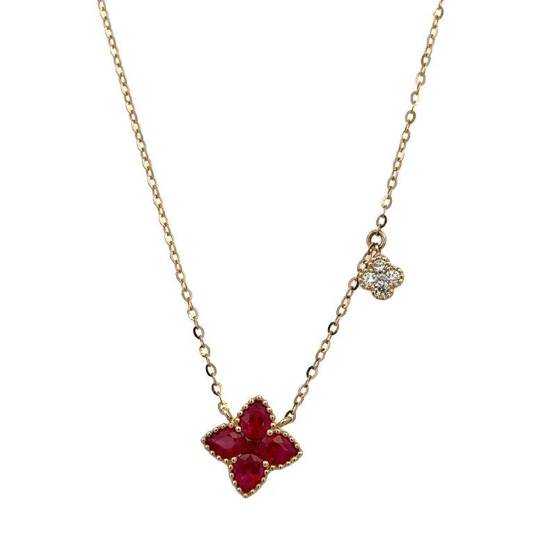 Birthstone Pendant Necklace-Ruby Quatrefoil and Diamond Necklace in Yellow Gold