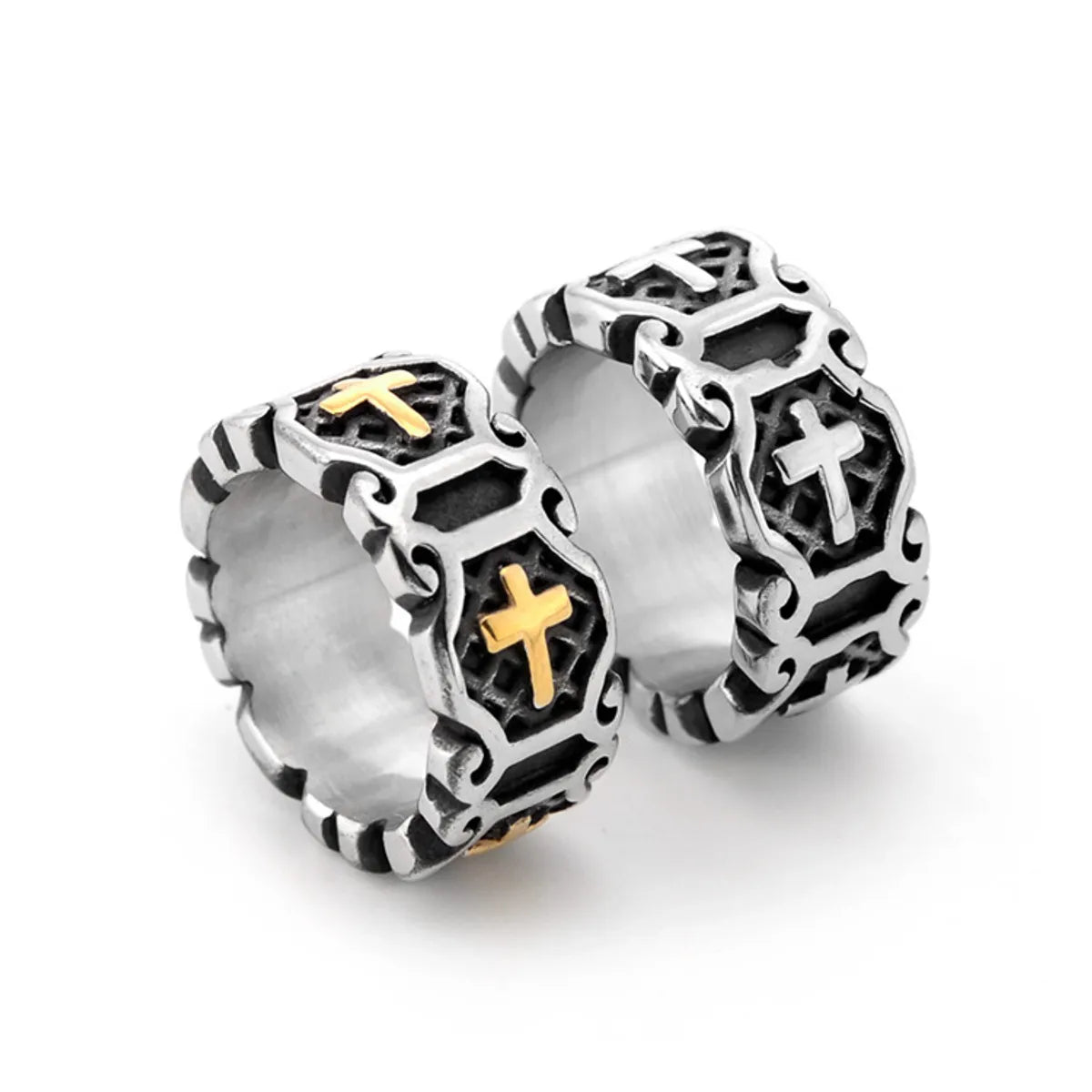 Chunky Gold Ring-Retro Cool Style Cross Titanium Steel Polishing 18K Gold Plated Men'S Rings