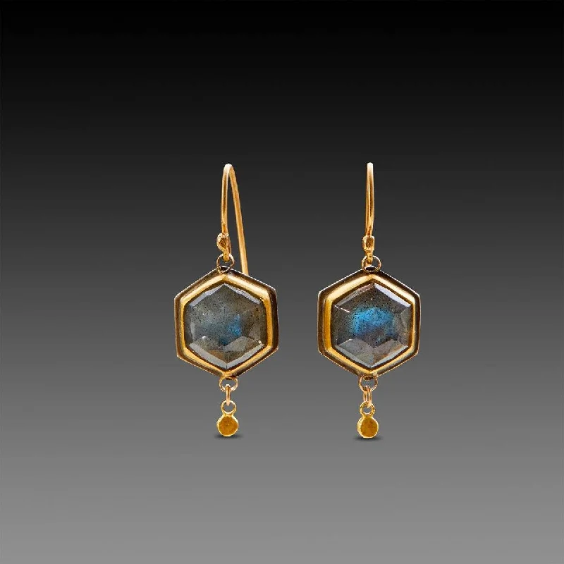 Rose Gold Earrings with Diamonds-Labradorite Hexagon Earrings