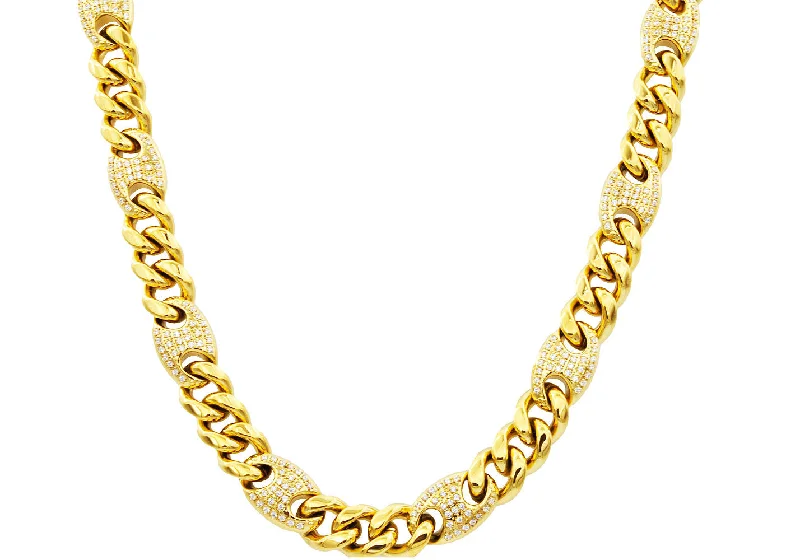 Classic Chain Necklace-Mens 10mm Gold Plated Stainless Steel Mariner Curb Chain Necklace With Cubic Zirconia