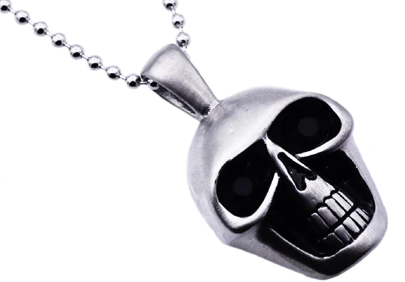 Layered Heart Necklace-Mens Matte Finish Stainless Steel Skull Pendant Necklace With Black Cubic Zirconia Eyes