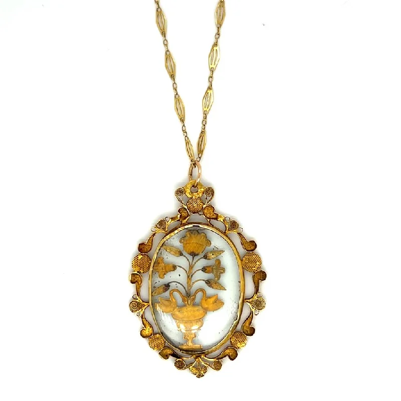 Layered Heart Necklace-Estate 18K Yellow Gold Victorian Glass Flower Necklace