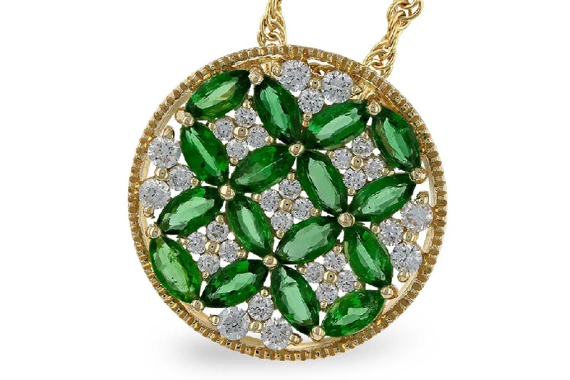 White Diamond Necklace-14K Yellow Gold 1.32ctw Emerald & Diamond Floral Medallion Necklace by Allison Kaufman