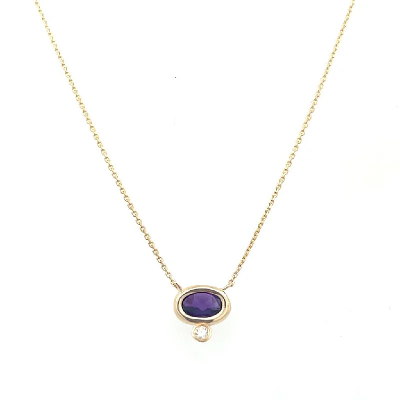 Colorful Gemstone Pendant Necklace-14K Yellow Gold Oval Amethyst & Diamond Necklace