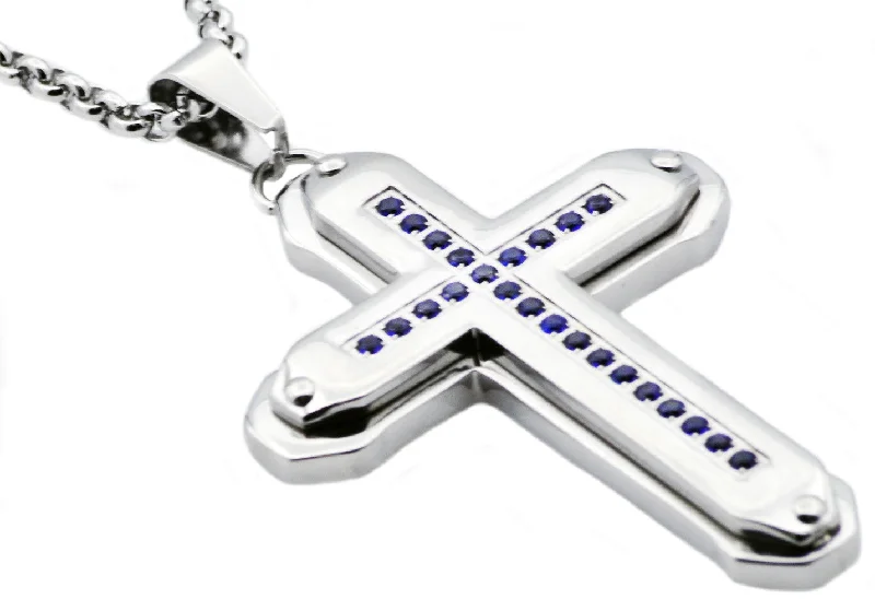 Geometric Crystal Necklace-Mens Stainless Steel Cross Pendant Necklace With Blue Cubic Zirconia