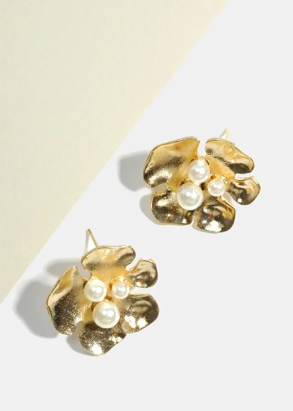 Antique Gold Earrings-Flower with Pearl Earrings