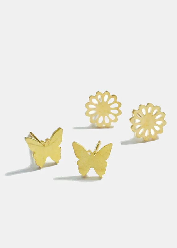 Simple Silver Stud Earrings-Flower and Butterfly Stud Earrings