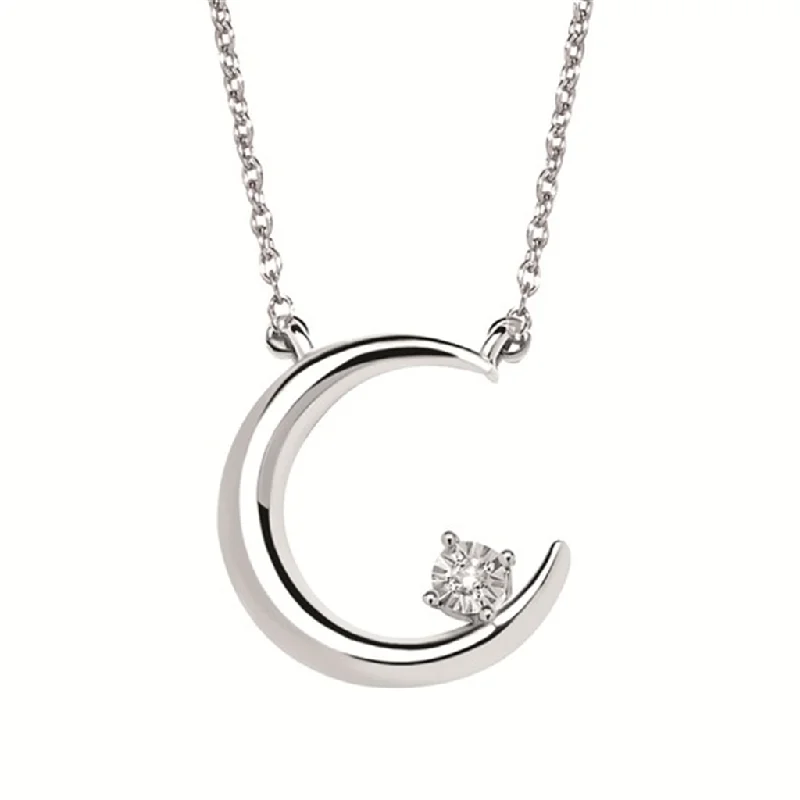 Cute Crystal Necklace-Sterling Silver 0.01ctw Diamond Crescent Moon Necklace