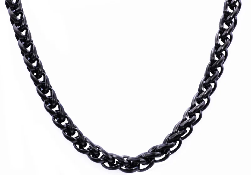 Simple Bar Necklace for Women-Mens 8mm Black Plated Stainless Steel Wheat Link Chain Necklace