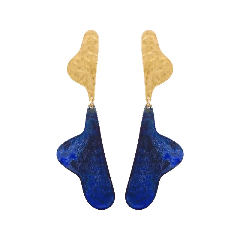 Long Gold Earrings-Navy Sculptura Earrings