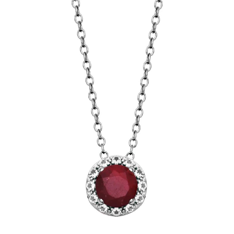 Minimalist Silver Necklace-Sterling Silver Dyed Red Corundum & White Topaz Halo Necklace by Samuel B.