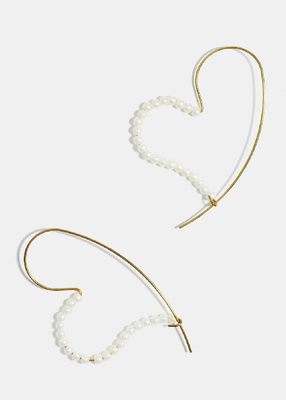 Simple Gold Hoop Earrings-Half Pearl Studded Heart Earrings