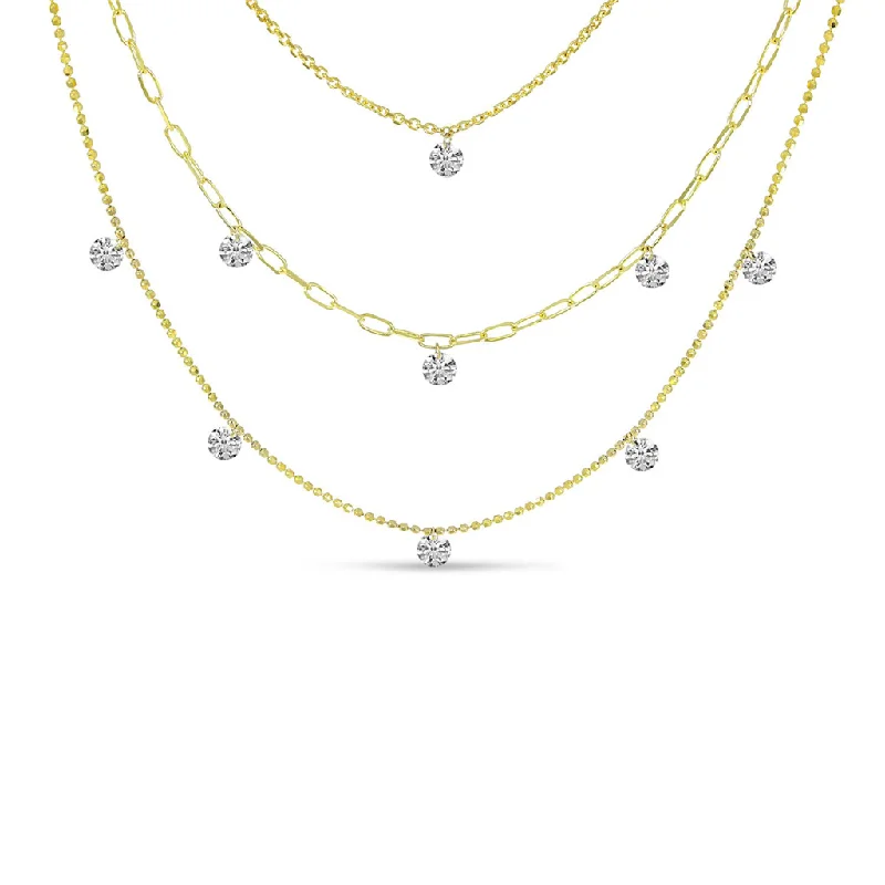 Custom Charm Necklace-14K Yellow Gold 0.95ctw Diamond Triple Strand Station Necklace by Brevani