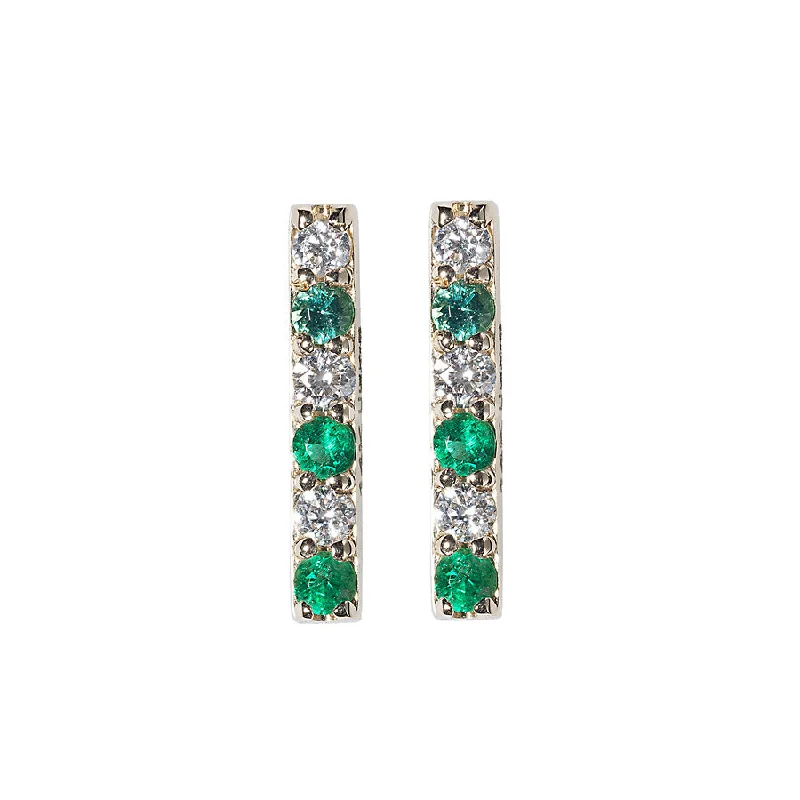 Gold Clip-On Earrings-Diamond/Emerald Gemstone Bar Studs