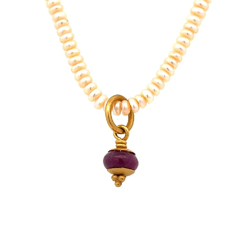 Classic Chain Necklace-Estate 18K Yellow Gold Pearl Strand & Ruby Charm Necklace