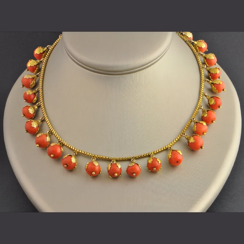 Silver Heart Pendant Necklace-Antique 16" Foliate Style Coral Bead Necklace in Yellow Gold