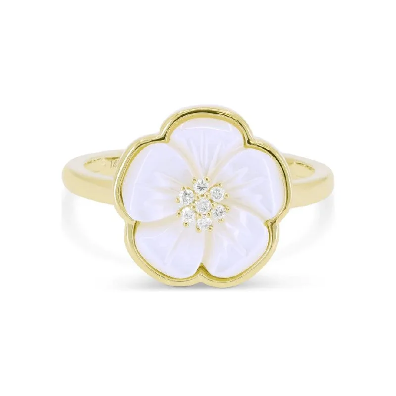 Oval Engagement Ring for Women-14K Yellow Gold Diamond & Mother of Pearl Flower Ring