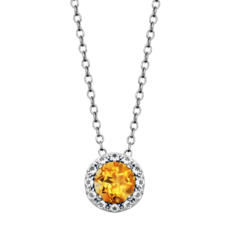 Adjustable Pendant Necklace-Sterling Silver Citrine & White Topaz Halo Necklace by Samuel B.