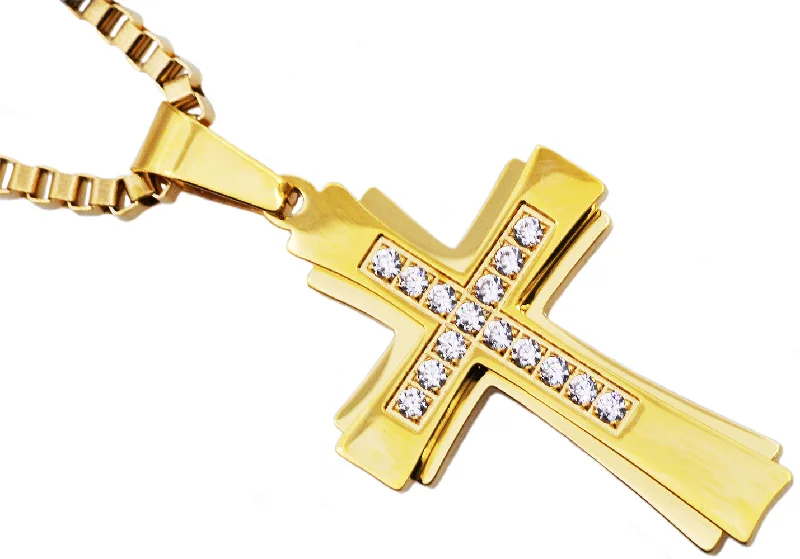 Butterfly Pendant Necklace-Mens Gold Stainless Steel Cross Pendant Necklace With Cubic Zirconia