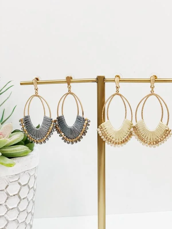 Textured Hoop Earrings-THREAD WRAPPED OVAL EARRING