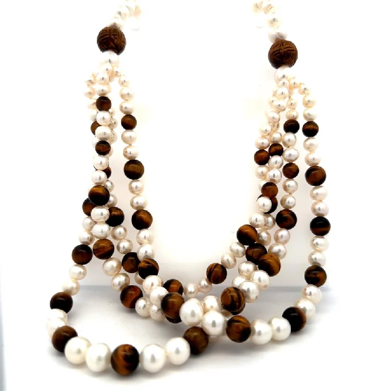 Layered Gold Necklace-Estate Sterling Silver Pear & Tiger's Eye Multil Strand Necklace