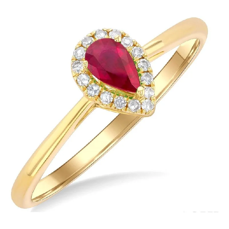 Classic Gold Wedding Ring-10K Yellow Gold Ruby Pear and Diamond Halo Ring