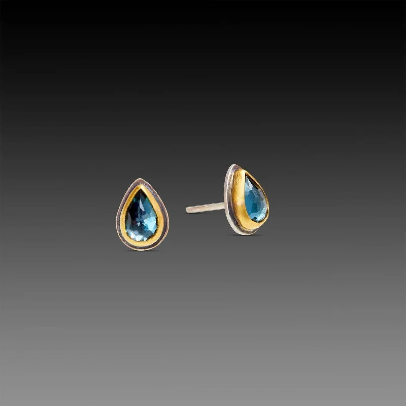 Black Gold Earrings-London Blue Topaz Teardrop Stud Earrings