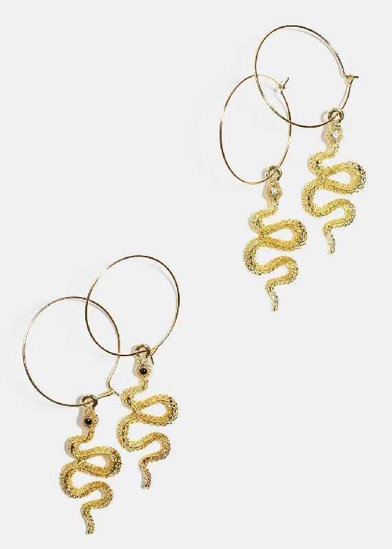 Large Gold Earrings-Snake Dangle Hoop Earrings