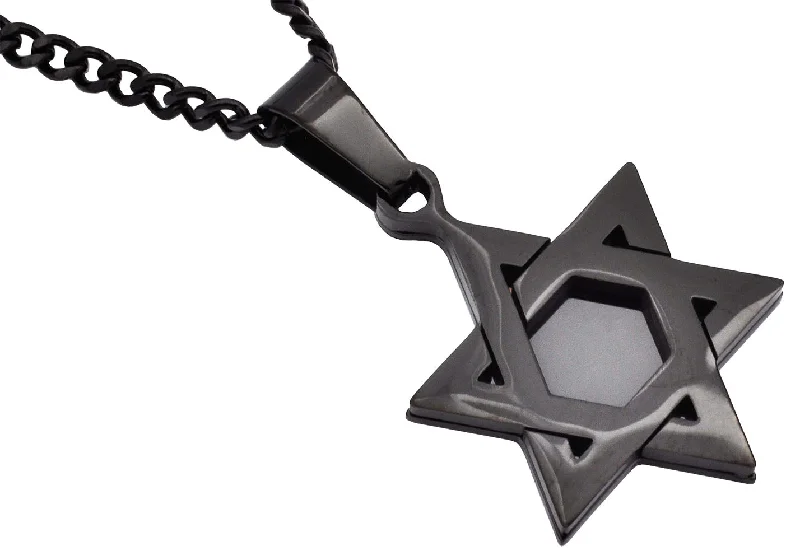 Multi-Color Necklace-Mens Black Stainless Steel Star Of David Pendant Necklace