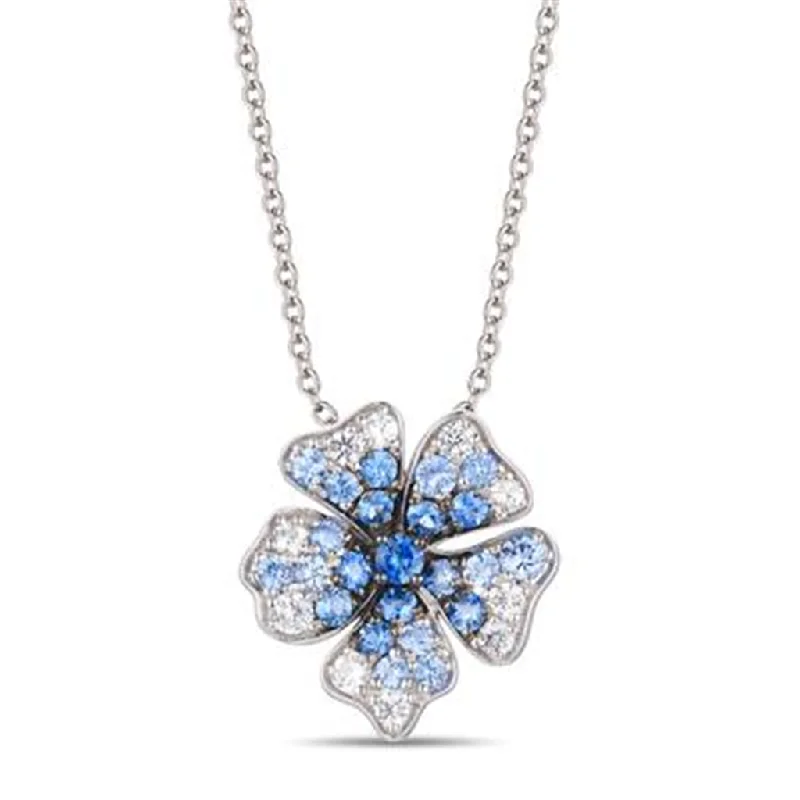 Eco-Friendly Necklace-14K White Gold 1.39ctw White & Blue Sapphire Ombre Flower Necklace by Le Vian