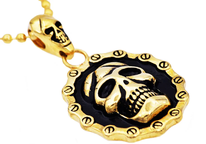 Silver Rope Necklace-Mens Black And Gold Stainless Steel Biker Skull Pendant Necklace With 24" Bead Chain