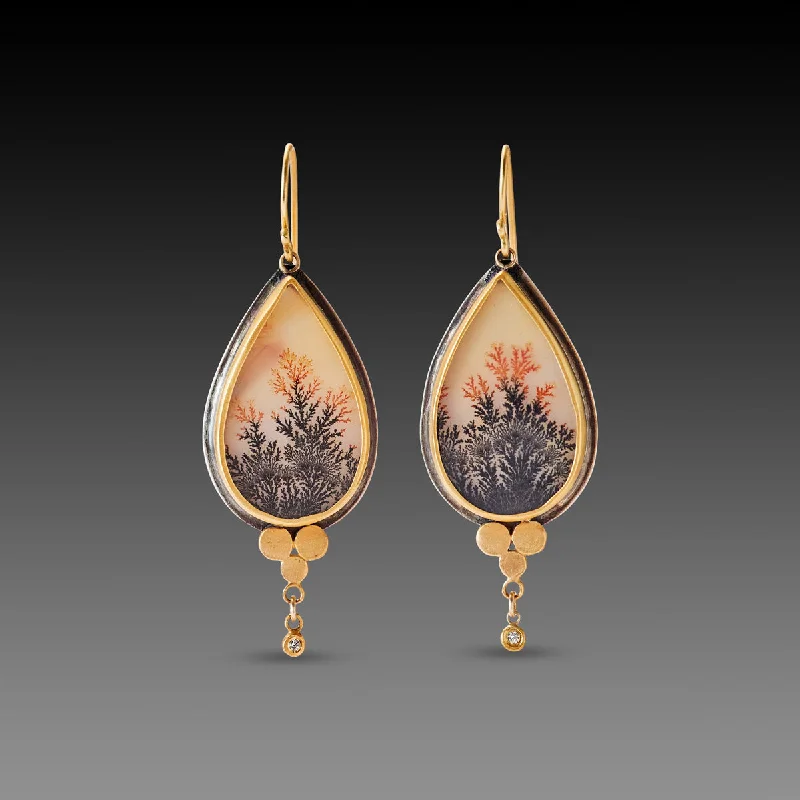 Eco-Friendly Hoop Earrings-Dendritic Agate Earrings with Gold Trios & Diamonds