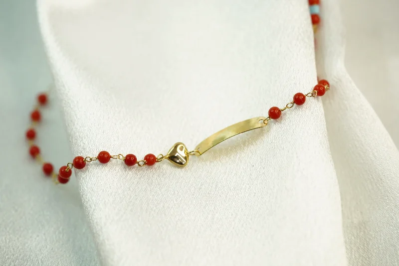 Boho Silver Bracelet-14k ID Heart Red Balls Bracelet