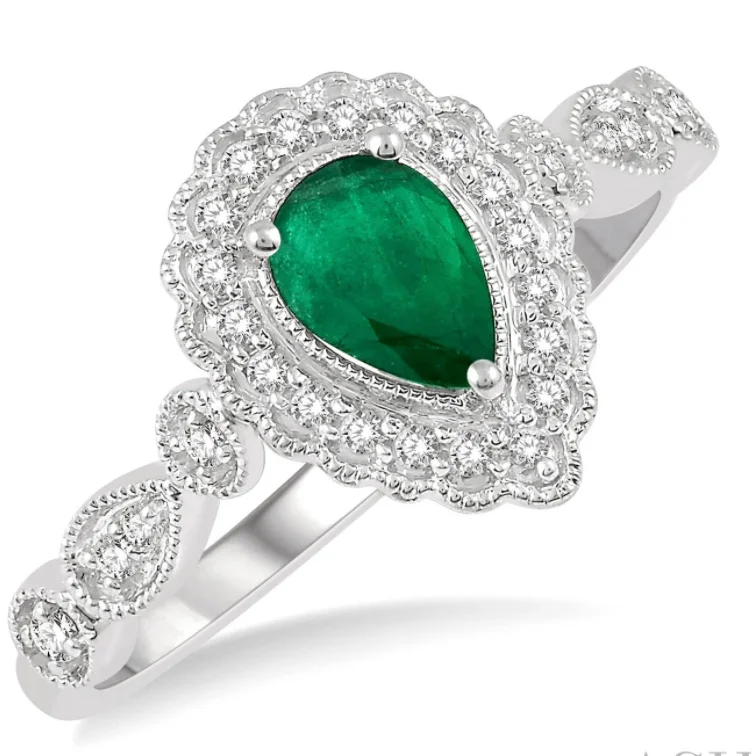 Custom Gemstone Ring-10K White Gold Pear Shaped Emerald and Diamond Halo Ring