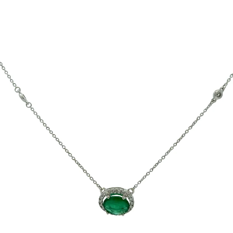 Simple Silver Necklace-Emerald and Diamond Station Necklace in White Gold